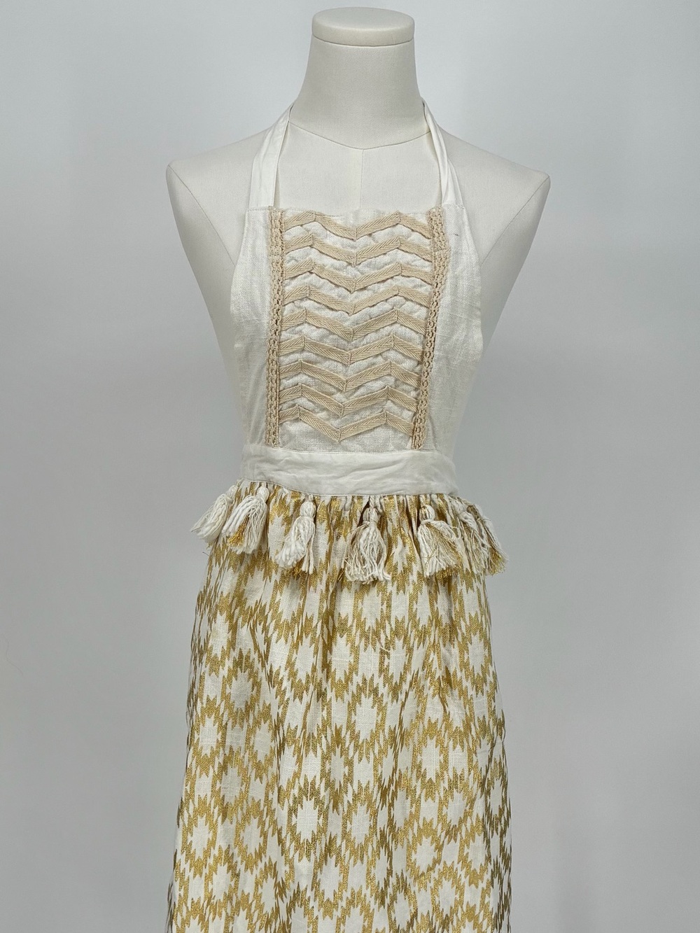 Max Studio Home Boho Cream Gold Metallic Ikat Apron with Tassels and Chevron Bib